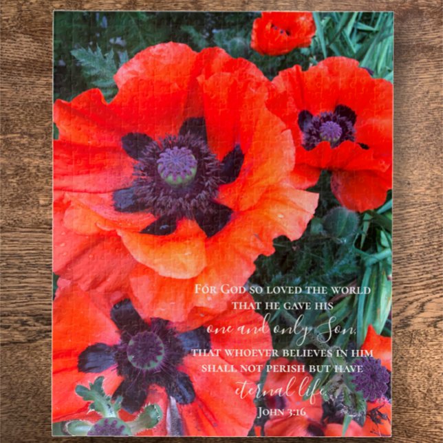 Puzzle John 3:16 Texte personnalisé | Photo d'origine Red (Unique puzzle from my original photo vibrant red poppy flowers. Custom script John 3:16 Bible verse )