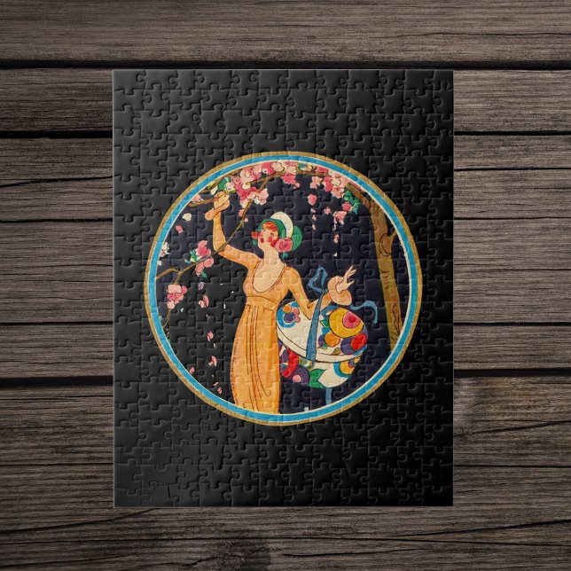 Puzzle Joli arbre à fleurs de cerisier de style Art déco  (Lady holding flowered box picking cherry blossom flowers in circle frame on black jigsaw puzzle.)