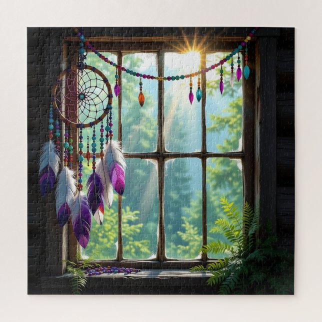 Puzzle Joli attrape-rêves boho violet dans la fenêtre   (Vertical)