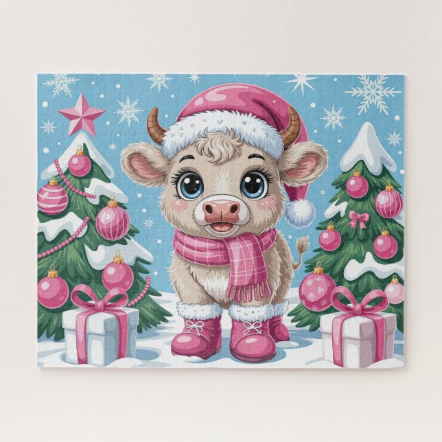 Puzzle Joli bébé vache rose Noël (Horizontal)
