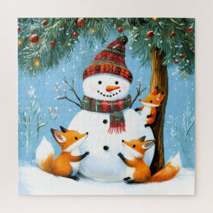 Puzzle Joli bonhomme de neige et renards de la forêt hive