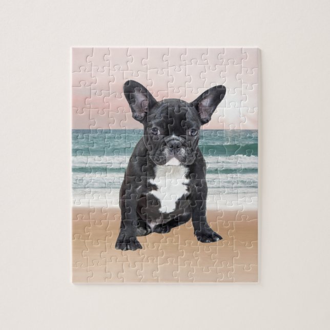 Puzzle Joli Bouledogue Français Plage Soleil Eau (Vertical)