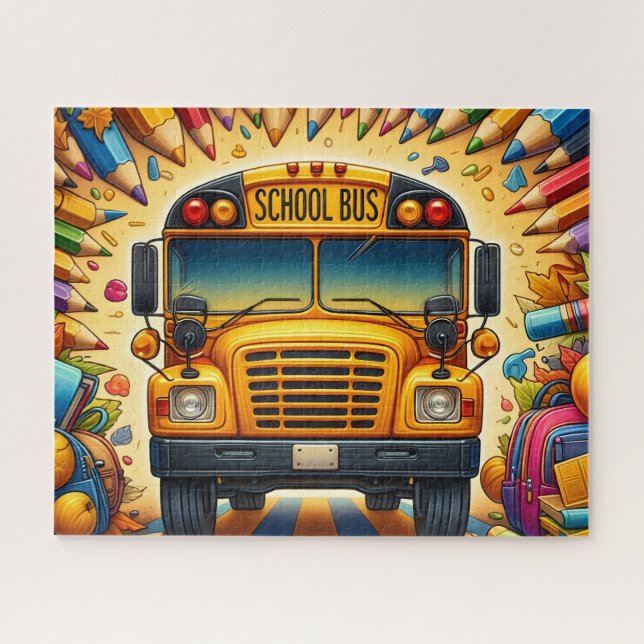 Puzzle Joli bus scolaire avec crayons (Horizontal)