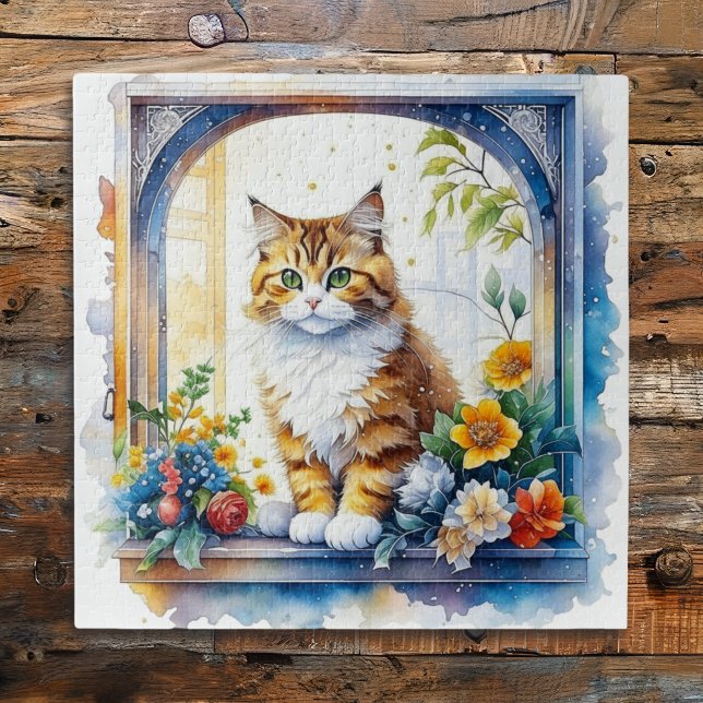 Puzzle Joli chat dans une fenêtre de fleurs  (Créateur téléchargé)