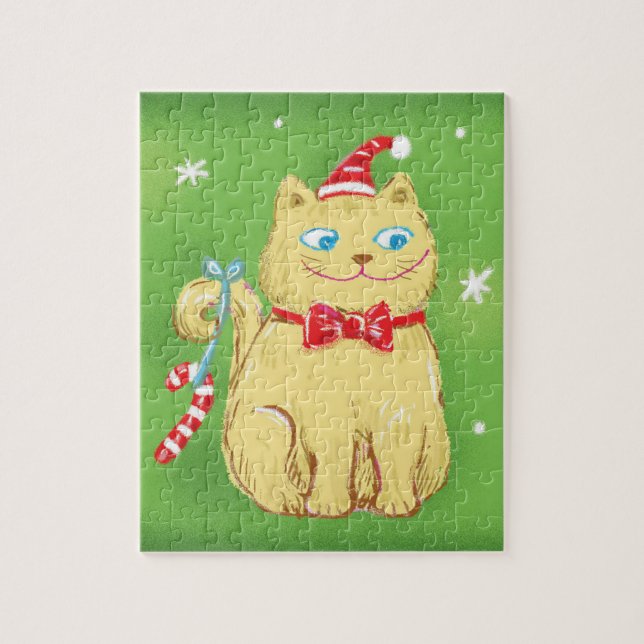 Puzzle Joli Chat de Noël de Dessin Animé avec Chapeau de  (Vertical)