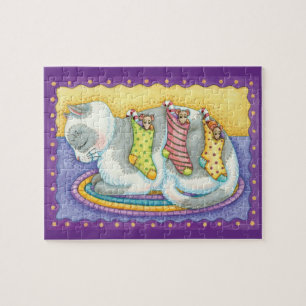 Puzzle Joli chat de Noël dormant avec des souris dans des