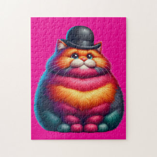 Puzzle Joli Chat Grassouillet Coloré avec Chapeau Melon