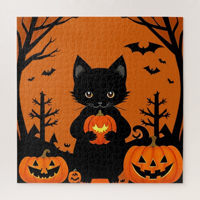 Puzzle Joli chat noir avec des citrouilles d'Halloween (Vertical)
