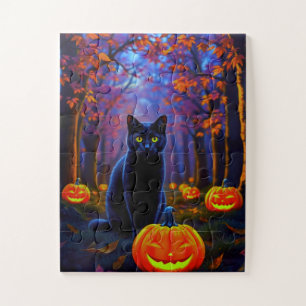Puzzle Joli chat noir avec des citrouilles d'Halloween