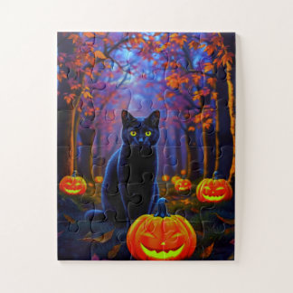 Puzzle Joli chat noir avec des citrouilles d'Halloween