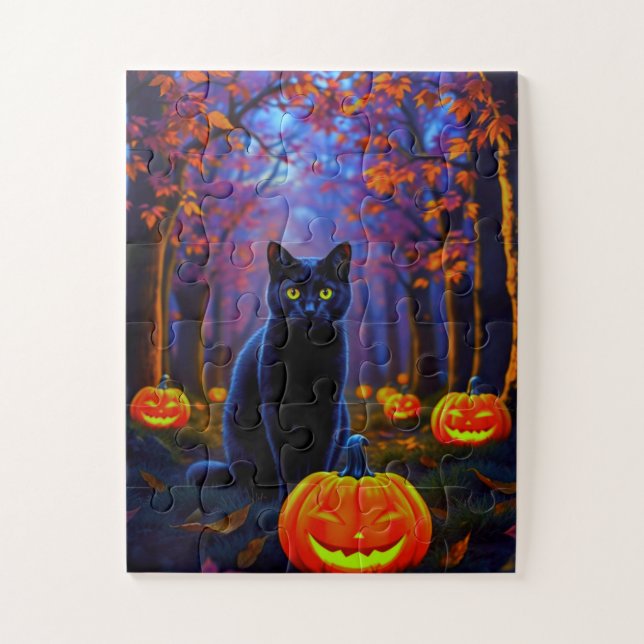 Puzzle Joli chat noir avec des citrouilles d'Halloween (Vertical)