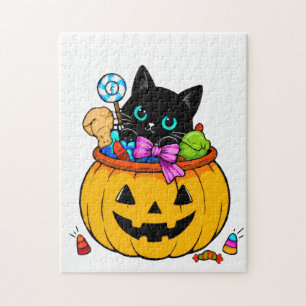 Puzzle Joli Chat Noir dans une Citrouille Jack-O'-Lantern
