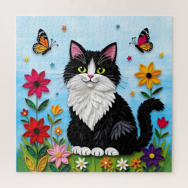 Puzzle Joli chat noir et blanc, fleurs et papillons (Vertical)