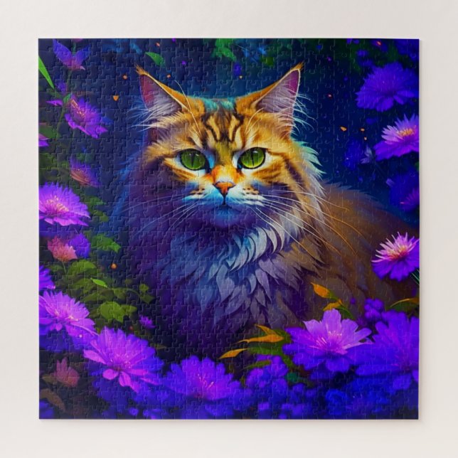 Puzzle Joli Chat Orange dans les Fleurs (Vertical)