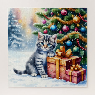 Puzzle Joli Chaton Sous l'Arbre de Noël