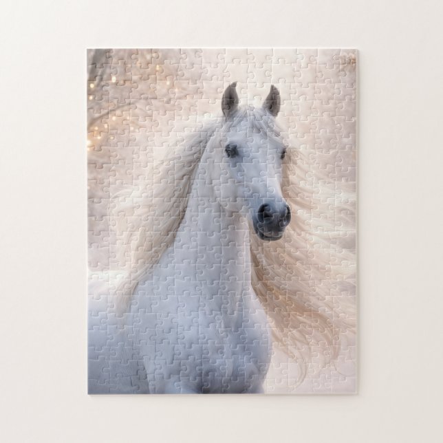 Puzzle Joli Cheval Blanc dans les Vacances de Neige (Vertical)