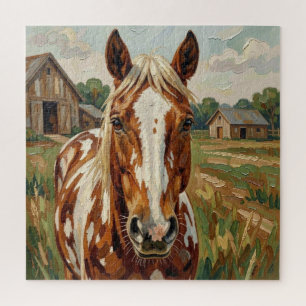 Puzzle Joli cheval brun et blanc dans une ferme rustique