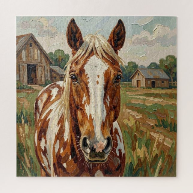 Puzzle Joli cheval brun et blanc dans une ferme rustique (Vertical)