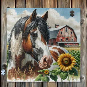 Puzzle Joli Cheval Pinto Brown et Blanc sur ferme rustiqu