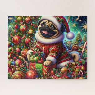 Puzzle Joli chien pug de Noël avec un costume de Père Noë