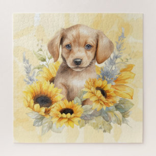 Puzzle Joli chiot brun Tournesol jaune aquarelle
