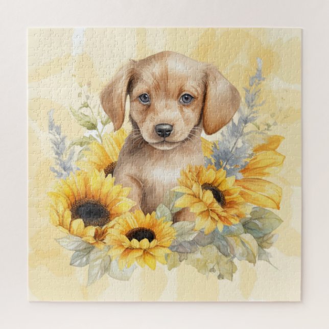 Puzzle Joli chiot brun Tournesol jaune aquarelle (Vertical)