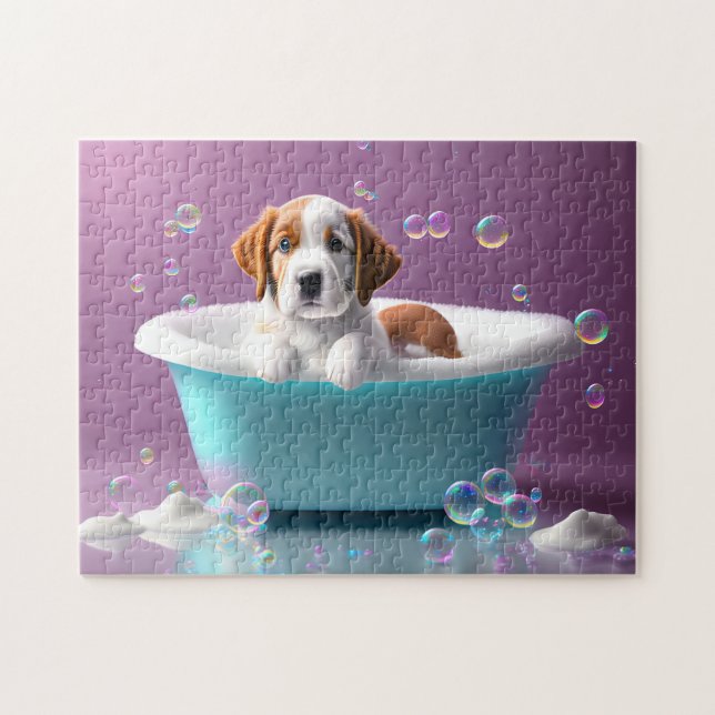 Puzzle Joli chiot dans une baignoire avec bulles, enfants (Horizontal)