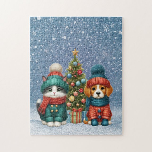 Puzzle Joli chiot de Noël & chaton (Vertical)