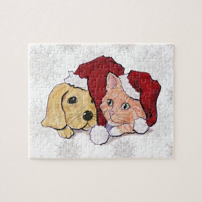 Puzzle Joli chiot Labrador de Noël et chaton orange tabby (Horizontal)
