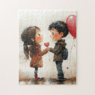 Puzzle Joli Couple Aquarelle Ballon en Forme de Coeur Amo