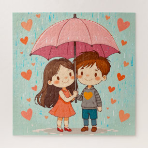 Puzzle Joli Couple de Dessin Animé Souriant Sous un Parap