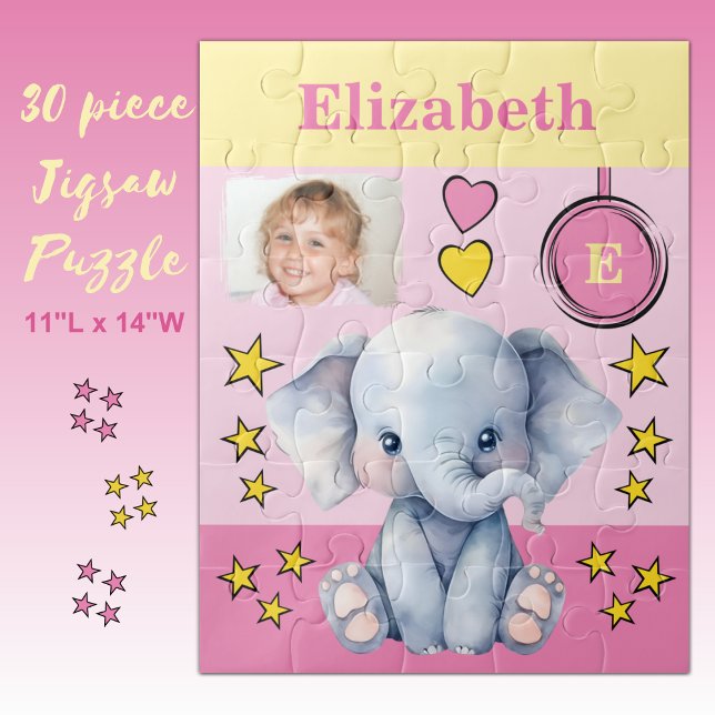 Puzzle Joli éléphant photo nom enfants jaune rose (Créateur téléchargé)