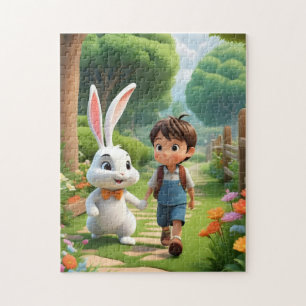 Puzzle Joli garçon et lapin blanc géant dans un jardin pu