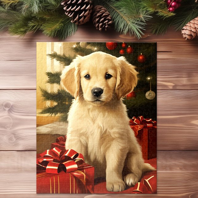 Puzzle Joli Golden Retriever Christmas Tree Art de vacanc (Cute Golden Retriever Christmas Tree Holiday Art Jigsaw Puzzle)