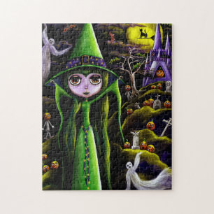 Puzzle Joli Green Halloween Witch Ghosts Château Citrouil