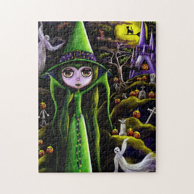 Puzzle Joli Green Halloween Witch Ghosts Château Citrouil (Vertical)