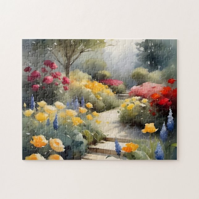 Puzzle Joli Jardin aux roses rouges fleurs bleues (Horizontal)