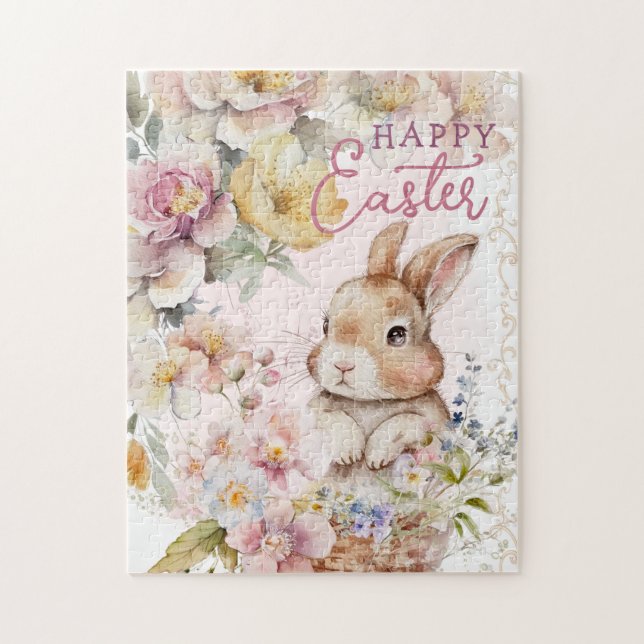 Puzzle Joli lapin à l'aquarelle | Fleurs de printemps  (Vertical)