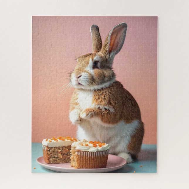 Puzzle Joli Lapin Brown Manger Gâteau Carotte (Vertical)