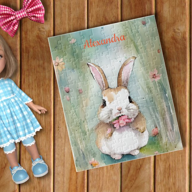 Puzzle Joli lapin pastel aquarelle fleurs de printemps (Créateur téléchargé)