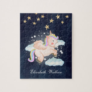 Puzzle Joli licorne volante ciel nocturne nom bleu marine
