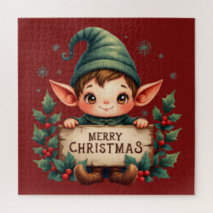 Puzzle Joli Lutin de Noël Tenant un Panneau Joyeux Rouge