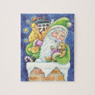 Puzzle Joli Noël, Père Noël dans la cheminée avec des jou