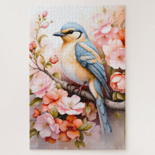 Puzzle joli oiseau coloré sur une branche avec des fleurs