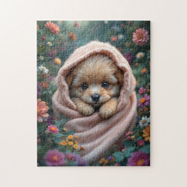 Puzzle Joli, petit, chiot duveteux entouré de fleurs (Vertical)
