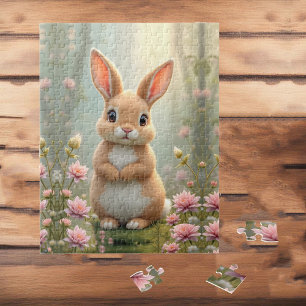 Puzzle Joli petit lapin entouré de fleurs, enfants