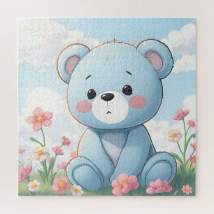 Puzzle Joli petit ours en peluche bleu dans le jardin