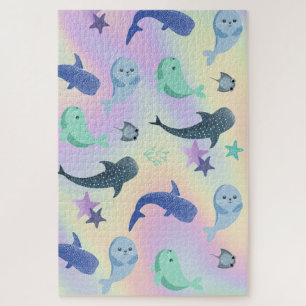 Puzzle Joli phoque de poisson Ray Whale sur gradient Rain