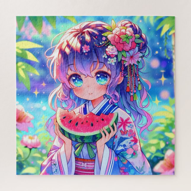 Puzzle Jolie Anime Girl Manger Watermelon (Vertical)