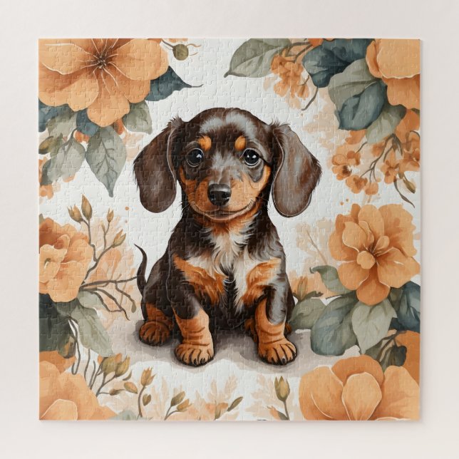 Puzzle Jolie Brown dachshund Puppy Peach Floral (Vertical)